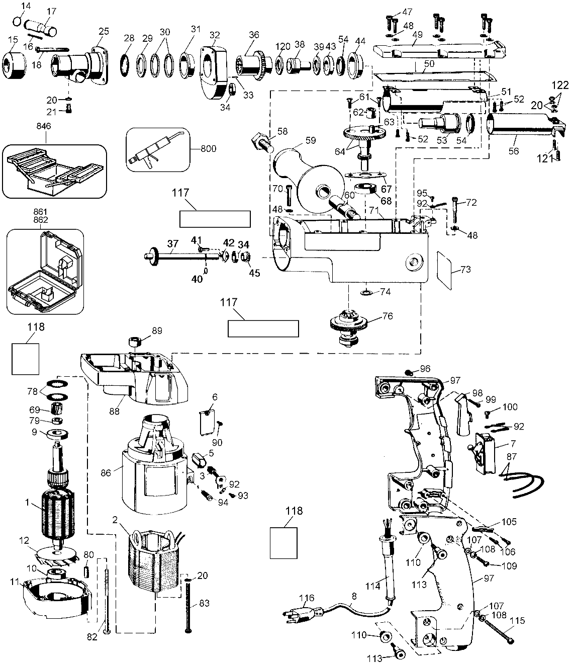 Default Diagram and Parts List for 5044K Type 2 Black and Decker Electric Drill